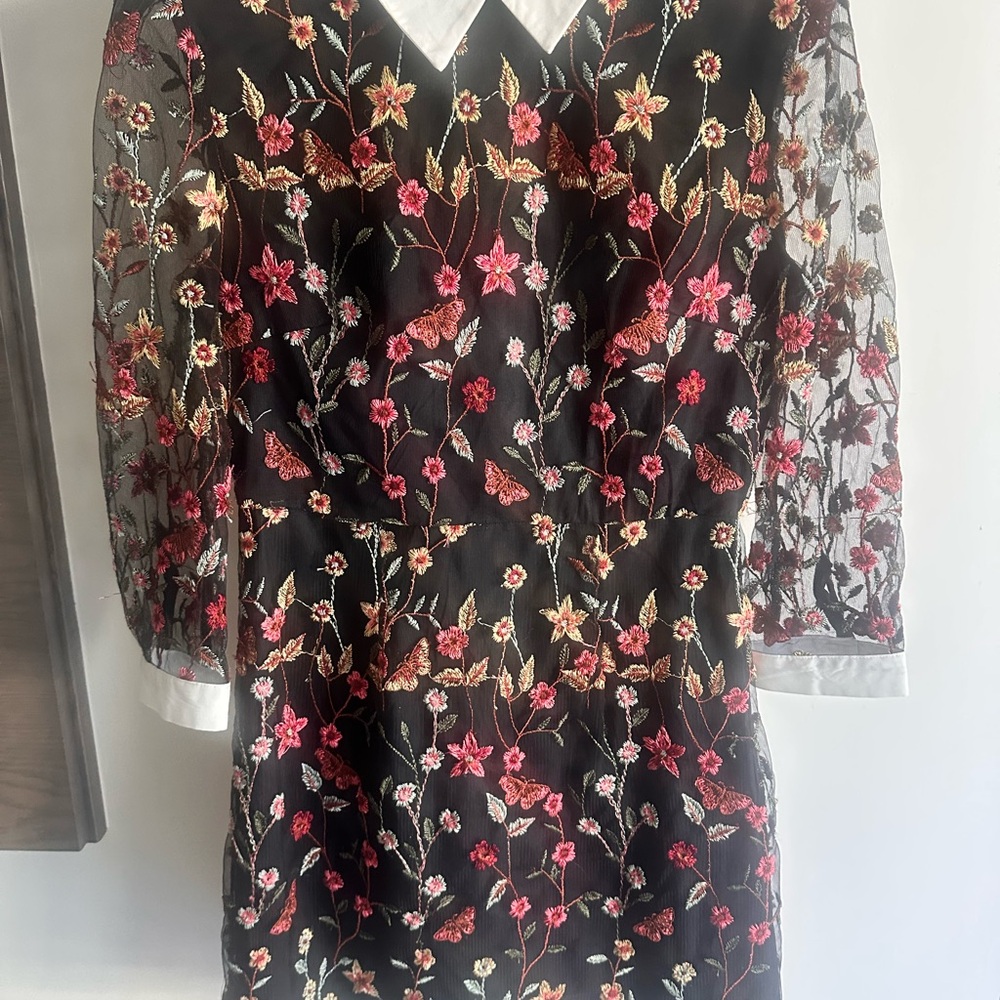 Aqua Black Dress with Floral Embroidery